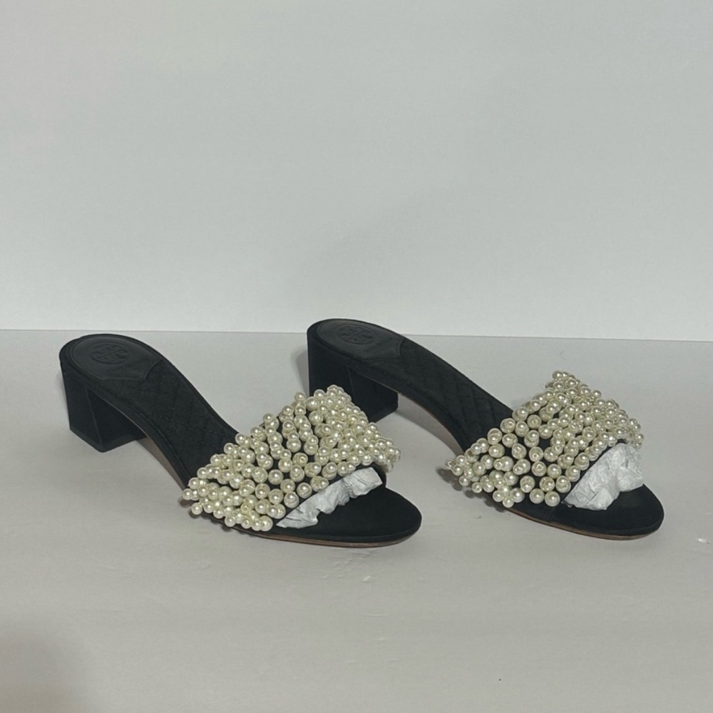 Tory Burch Tatiana Black and White Pearl Sandals - Picture 2 of 10